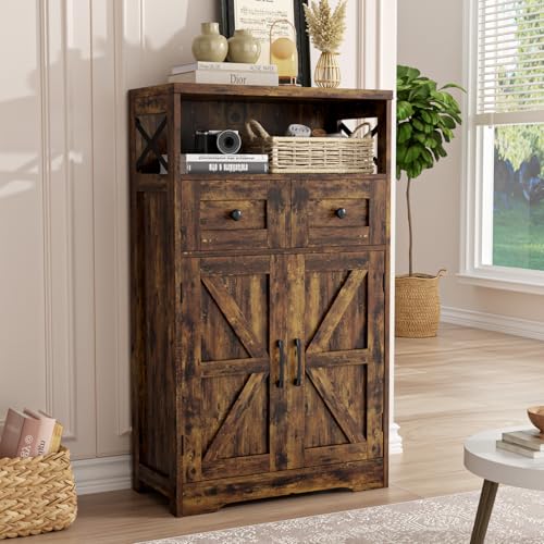 FiveWillowise Rustic Brown Farmhouse Storage Cabinet with Barn Doors and Shelves, Freestanding Kitchen Pantry Storage Cabinet, Coffee Bar Station, Hutch Cupboard for Kitchen, Dining Room, Livingroom