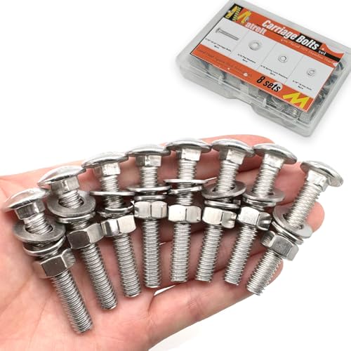 Image of 8 Sets 5 /16 inch-18 x2 Carriage Bolts Round Head Square Neck Screws with Hex Nuts Flat Washers Spring Lock Washers 304 Stainless Steel Full Thread Coverage Square Neck Bolts Assortment Kit