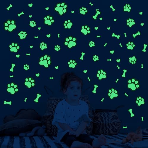 Calcomanías de pared con diseño de pata de gato que brillan en la oscuridad, calcomanías de pata de cachorro en negro y rosa para niños, calcomanías luminosas extraíbles para techo, habitación de bebé