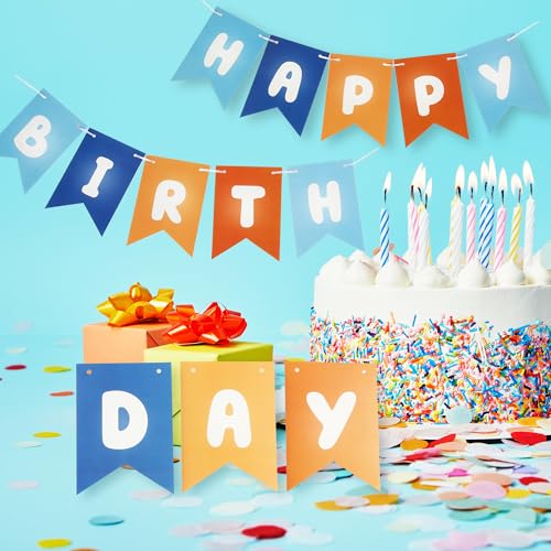 Image of Picoway Blue Happy Birthday Banner, Blue and Orange Themed Party Decorations Supplies for Boy and Girl, Birthday Banners Decor Backdrop