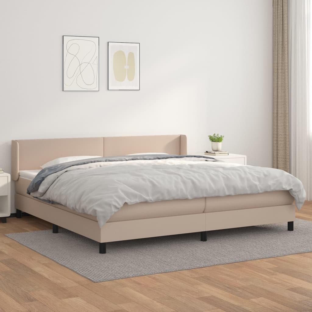 Łóżko kontynentalne z materacem ze sztucznej skóry, kolor cappuccino, brązowy, 200 x 200 cm, łóżko podwójne z tapicerowaną ramą łóżka i materacem ze sprężynami kieszeniowymi, zapewnia