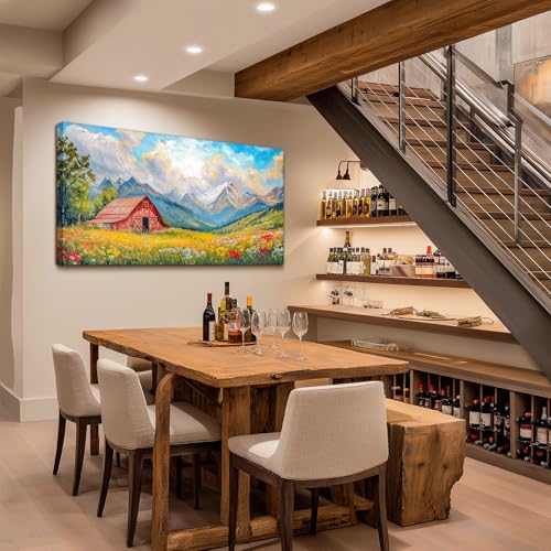 crmotu Rustic Barn Large Wall Art, Mountain Meadow Wildflowers Art Prints, Country Landscape Canvas Paintings, Cottagecore Warmth Oil Paintings Wall Decor Living Room Bedroom Farmhouse 30x60 Inch