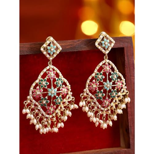 Image of Rubans Chandbali Earrings Kundan Pearl Beads Traditional Wedding Jewellery for Women & Girls