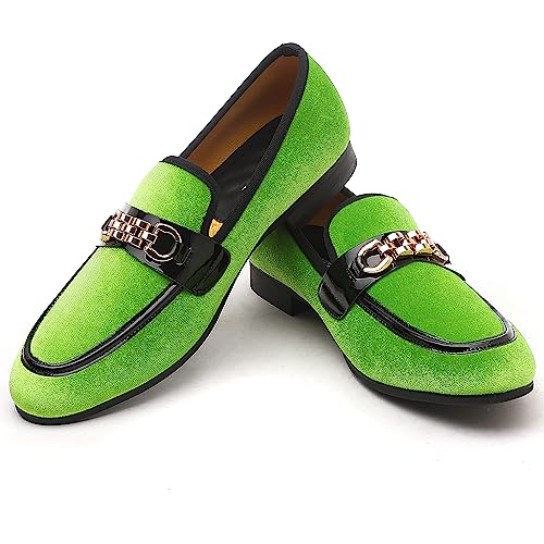 Men's Velvet Loafers,Mens Dress Shoes with Gold Chain, Slip On Flats Smoking Slippers Penny Shoes for Men