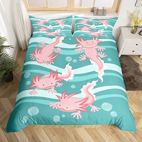 Cartoon Axolotl Duvet Cover Kawaii Axolotl Bedding Set Green 3D Animals Comforter Cover for Boys Girls Children Teens Salamander Bedspread Cover King Size