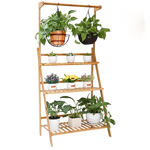 unho Estantería para Macetas de Bambú Escalera para Flores Plantas con 3 Niveles y Barra de Colgar Soporte para Macetas Exterior Interior Jardín 70 x 40 x 96cm