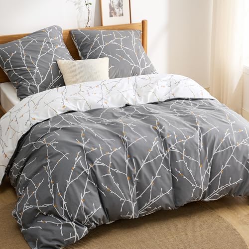 BEDSURE Bettwäsche 155x220 Baumwolle 3teilig - Grau-Beige | Baumwolle Bettwäsche mit Reißverschluss, ÖKO-TEX Wendbar, Bettbezug 155x200cm + 2 Kissenbezüge 80x80cm, einfach zu bezie