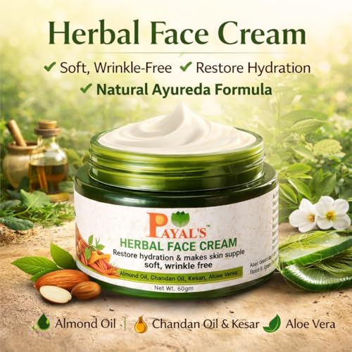 Image of Payal's Herbal Face Cream with Kesar, Aloe Vera & Rose | Hydrating, Wrinkle-Free Formula for Soft, Glowing Skin | Herbal Moisturizer | For Men & Women | 60g