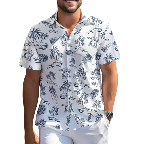 99TIMORO Wars Movie Hawaiian Shirt, Space Button Short Sleeve Top, Warship Themed, Palm Tree Spaceship Color, Large