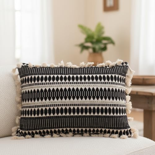 Image of STITCHNEST Geometric Woven Cushion Covers with Tassels | Set of 2 | Black | 12 x 18 Inches | Decorative Sofa & Living Room Cushion Covers