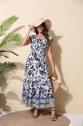Image of OSTOO Women's Floral Maxi Dress Boho Summer Short Sleeve Smocked Waist Tiered Long Dress