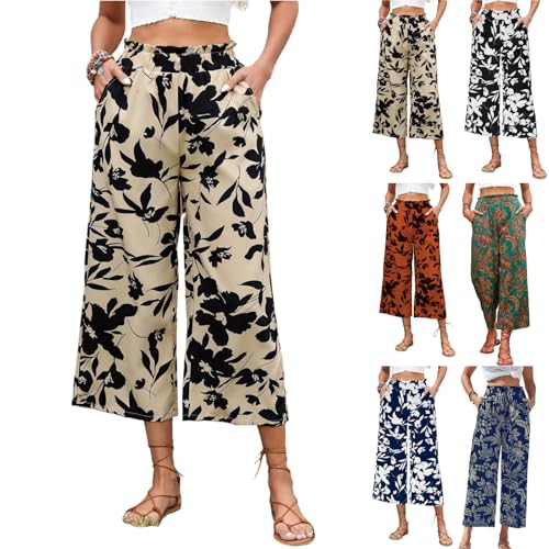 Wide Leg Cropped Pants for Women Business Casual Floral Elastic High Waisted Capri Palazzo Pants with Pockets Bottoms