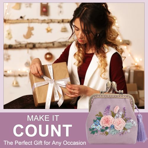 Image of ORIGACH DIY Flower Embroidery Coin Purse Kits Kiss Clasp Lock Bag Embroidery Kit Sewing Handbags Change Purse Set for Beginner with All Supplies