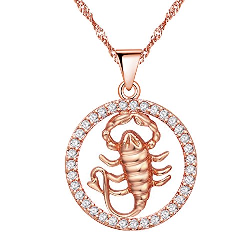 Uloveido Zodiac Sign Pendant Necklace for Girls Rose Gold Plated Scorpio Sign Necklace for Women Birthday Jewellery Gift with Cubic Zirconia N1047