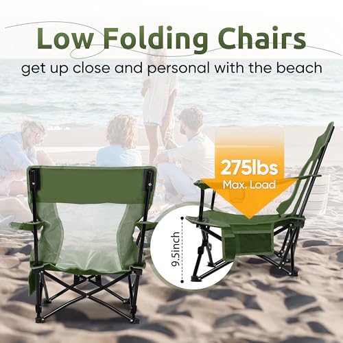 Image of HaSteeL Folding Beach Chair Set of 2, Foldable Green Camping Chairs for Outside, Low Beach Chair Portable for Adults Fishing, Picnic, Outdoor BBQ, Travel, Sports, Cup Holder & Storage Bag