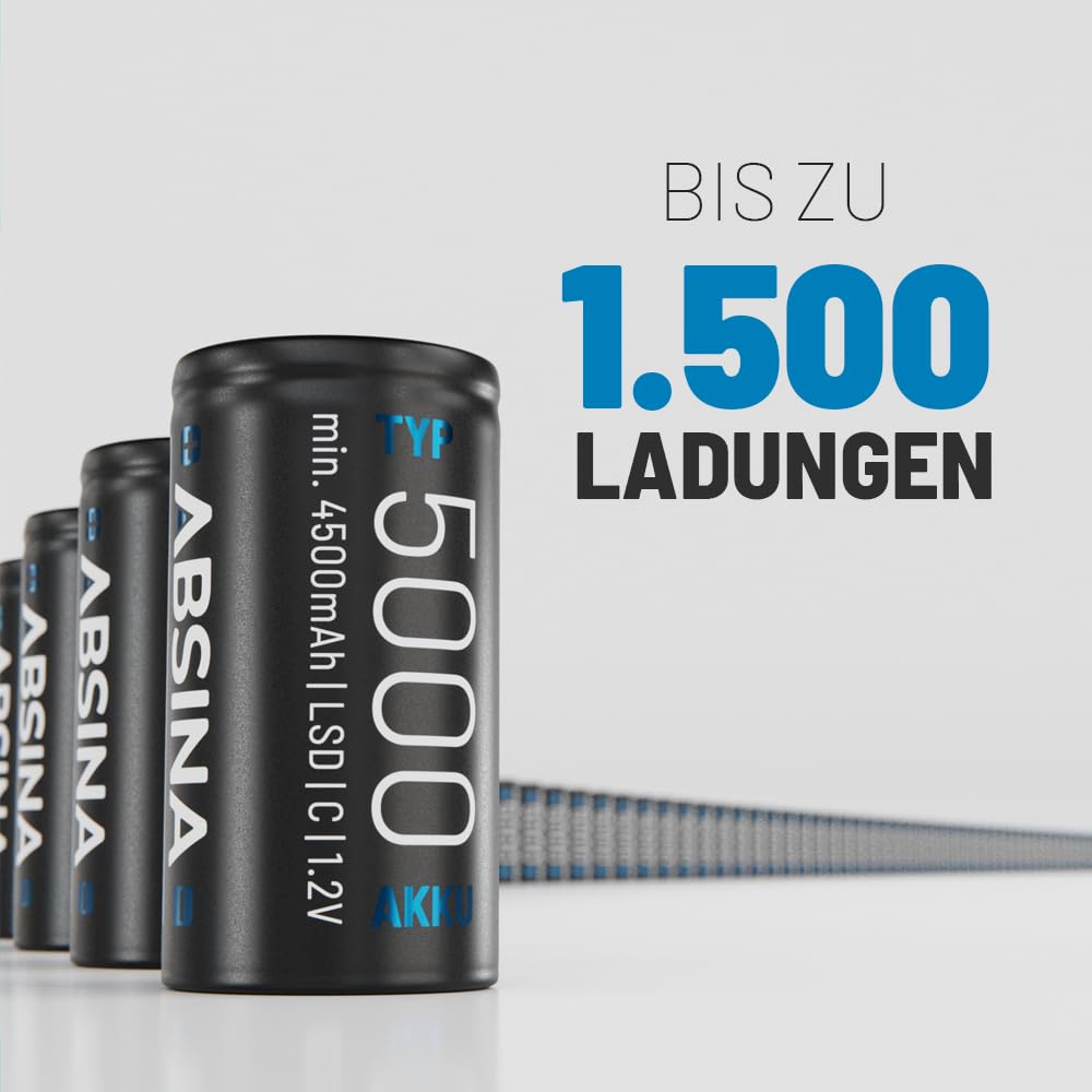 ABSINA 6 x LR 14 baterii C Baby do ponownego ładowania 5000 z niskim samorozładowaniem - akumulator C LR14 NiMH o min. 4500 mAh i 1,2 V - LR14 bateria C