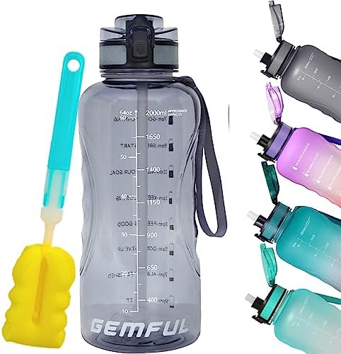 GEMFUL 64 oz Water Bottle with Time Marker Leakproof Large Drinking Water Jug for Fitness Gym and Outdoor Sports