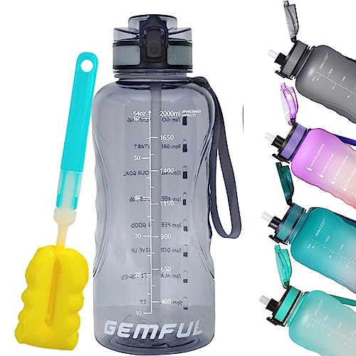 Gemful 64 Oz Water Bottle With Time Marker Leakproof Large Drinking Water Jug For Fitness Gym And Outdoor Sports #TOP3