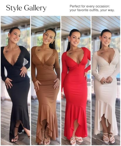 Image of Popilush Long Sleeve Cocktail Dress for Women Shapewear Tummy Control Party Dresses Deep V Neck Lace Mermaid Maxi Dress