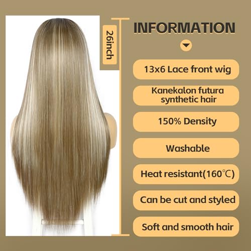 Sapphirewigs 13x6 Straight Lace Front Wigs Brown Long Straight Wig for Women Lace Front Synthetic Hair 150% Density Party Daily Wear Heat Resistant 26inch - Image 2
