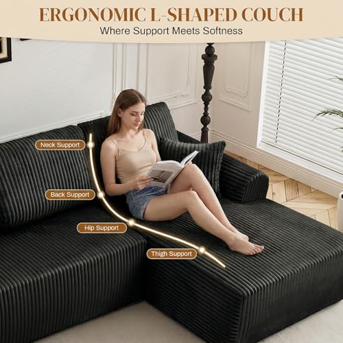 Image of 110 inch L Shaped Boneless Sectional Couches for Living Room, Comfy Corduroy Floor Cloud Sofa with Chaise, Wide Armrest, Deep Seat, Memory Foam, Assembly Free, Ideal for Small Spaces, Black