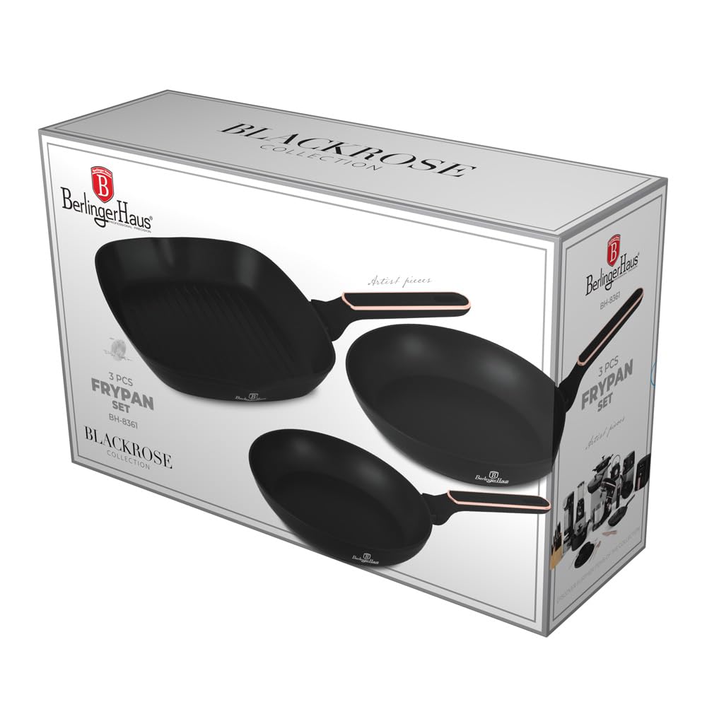 Berlinger Haus Pfannenset mit Antihaftbeschichtung (3-teilig), geschmiedetes Aluminium, TitanPro, Induktion, ergonomischer Griff, Schwarz/Rosa, Kollektion Black Rose