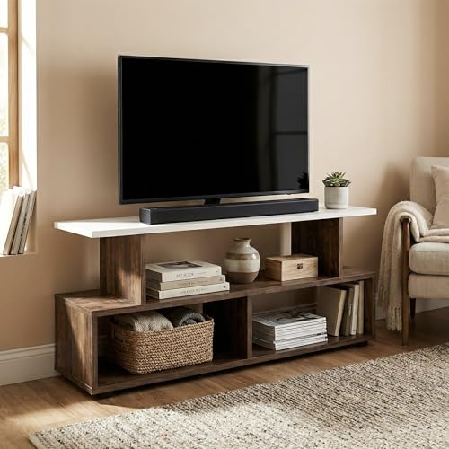 Image of Horizon Low-Profile TV Entertainment Unit with Open Storage Shelves, Modern Console Table for Living Room up to 43 Inch TV, 101x40x41cm (Classic Oak & White)