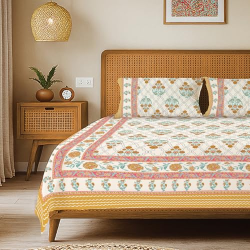 Image of Urban Space 100% Cotton Handcrafted Premium Printed Double Size Bedsheet with 2 Pillow Covers, 240 TC Cotton Double Bedsheet (90 x 100 Inches, Amberjaal Yellow)