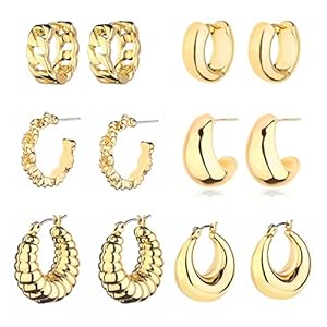 Gold Chunky Hoop Earrings Set for Women, 14K Gold Plated Twisted Huggie Hoop Earring Hypoallergenic, Thick Open Hoops Set Lightweight (6 gold chunky hoops)