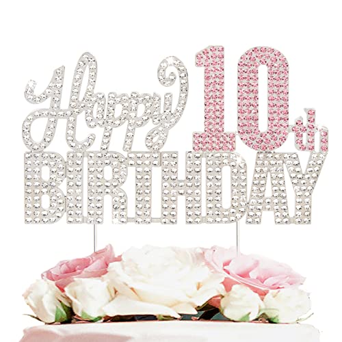 Nelbiirth Happy 10th Birthday Silver & Pink Rhinestone Cake Topper