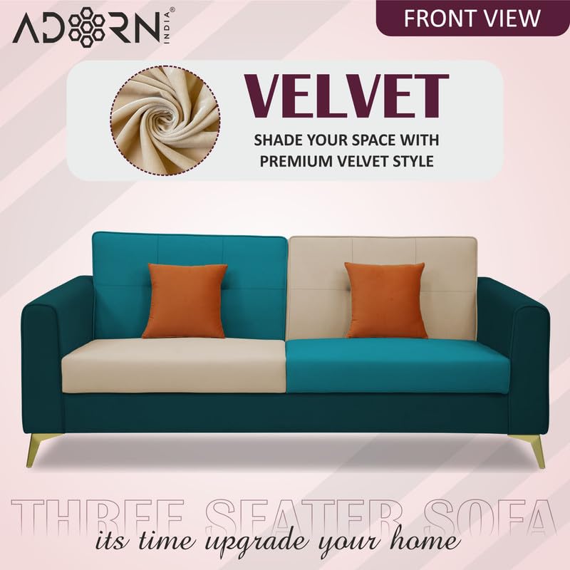 Image of Adorn India Premium Harlem 3 Seater Sofa | Velvet Suede Upholstery | 3-Year Warranty | Ocean Blue, Aqua Blue & Beige with Gold Legs & Cushion