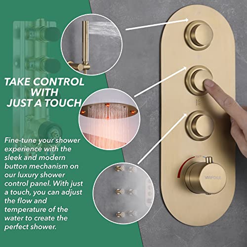 Vanfoxle Shower Faucet Set Brushed Gold Temperature Shower System, Push Button Diverter Shower Faucet With 16 Inch Ceiling Led Rain Showerhead, 6 Pcs Two Modes Body Jets With 2 In 1 Handheld #TOP2