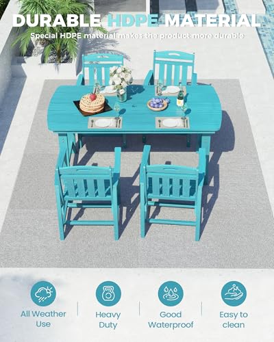 Image of Ciokea HDPE Outdoor Dining Set, 5-Piece Patio Table and Chairs Set with Umbrella Hole, All-Weather Patio Dining Sets for 4, Durable Patio Furniture for Backyard, Garden, Lawn & Poolside, Lake Blue