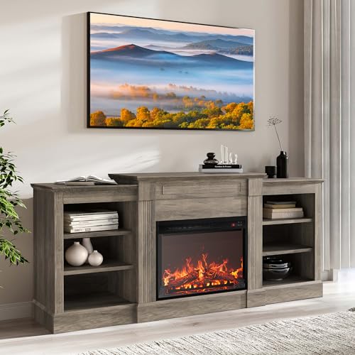 BELLEZE Modern 66" Mantel with Electric Fireplace Heater with Sound,Modern TV Stand for TVs up to 75", Media Entertainment Center with Side Shelves -