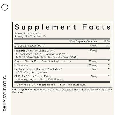 Codeage Daily Synbiotic Supplement - Prebiotics, Lactobacillus & Bifidobacterium Probiotics, L-Glutamine, Zinc L-Carnosine, DGL, Synbiotic Probiotic, BioPerine - Shelf-Stable - 30 Capsules