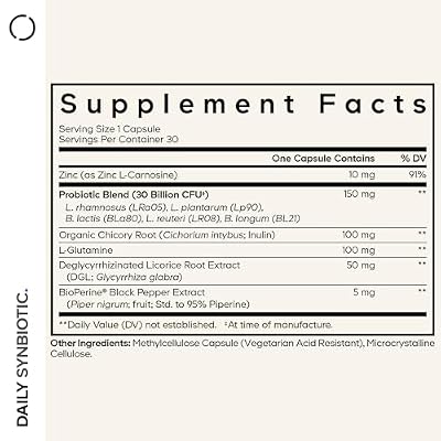 Codeage Daily Synbiotic Supplement - Prebiotics, Lactobacillus & Bifidobacterium Probiotics, L-Glutamine, Zinc L-Carnosine, DGL, Synbiotic Probiotic, BioPerine - Shelf-Stable - 30 Capsules
