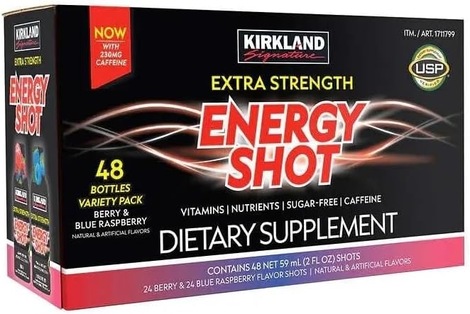 Kirkland Signature Extra Strength Energy Shot, Dietary Supplement: 48 Bottles Variety Pack of 2 Fl Oz