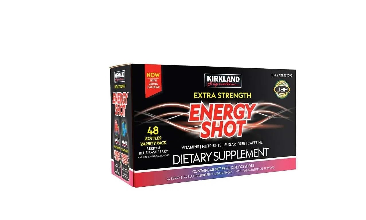 Kirkland Signature Extra Strength Energy Shot, Dietary Supplement: 48 Bottles Variety Pack of 2 Fl Oz