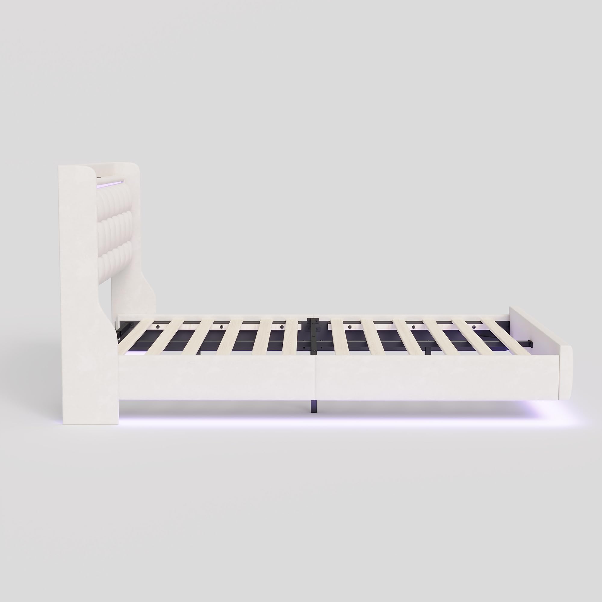 Letto imbottito con effetto galleggiante, LED RGB e porte USB integrate, letto matrimoniale 140 x 200 cm con testiera e rete a doghe in tessuto velluto