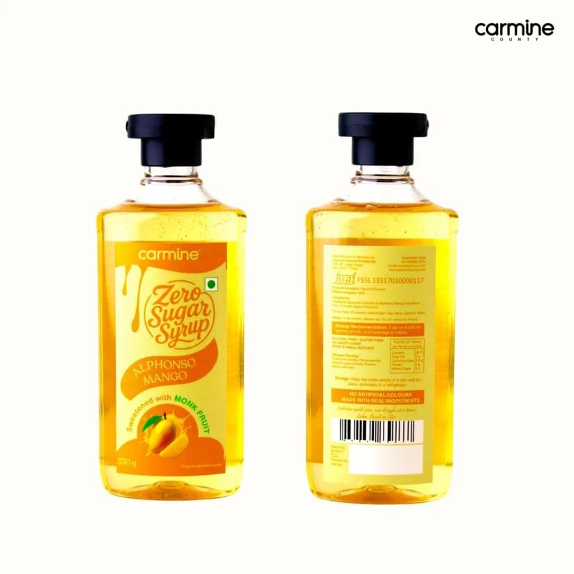 Image of Carmine Zero Sugar Alphonso Mango Syrup - 330g | New & Improved Recipe | Sweetened with Pure Monk Fruit | Natural, Plant-Based Sweetener | No Added Sugar or Artificial Ingredients