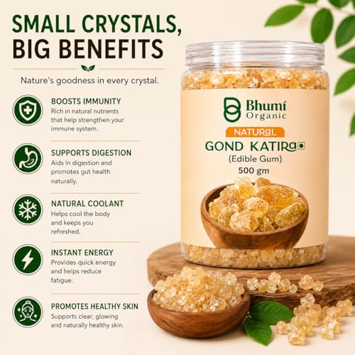 Image of Bhumi Organic Gond Katira (Tragacanth Gum), 500 GM | Natural Edible Gum for Summer Drinks, Body Cooling Ayurvedic Superfood, Gluten-Free