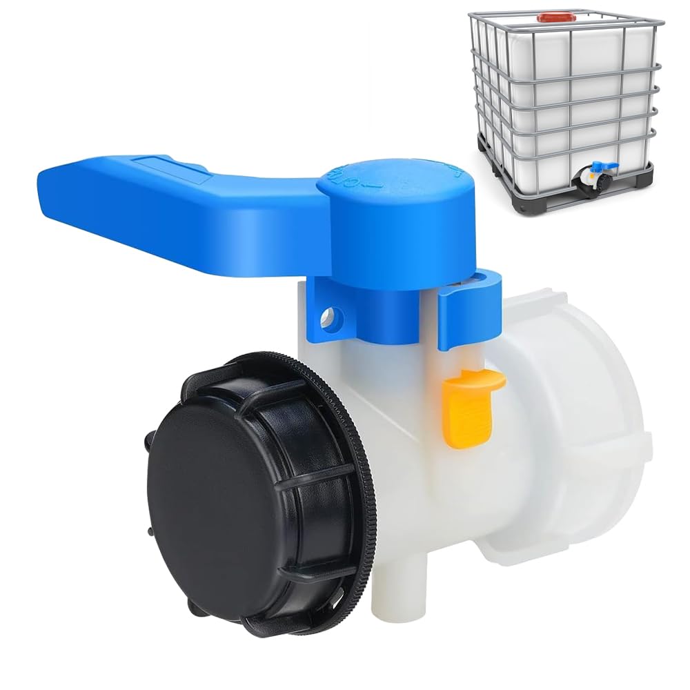 Riisoyu White + Blue Ibc Water Butterfly Valve Taps, Plastic Dn40 (62Mm) Ibc Tote Butterfly Valve Switch Adapter Universal Ibc Water Tank Threaded Outlet Water Tank Accessories Flap For 1000 L Rain Barrel