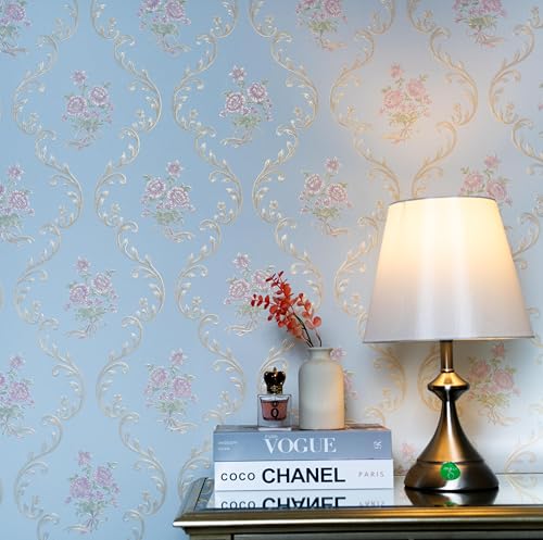 Image of wolpin Non-Woven Wallpaper Non-Adhesive (53 x 950 CM) (Rose Design) | Textured Damask & Roses Design Wallpaper | Light Blue Decorative Wall Covering for Home Interior (54.18 Sq Ft)