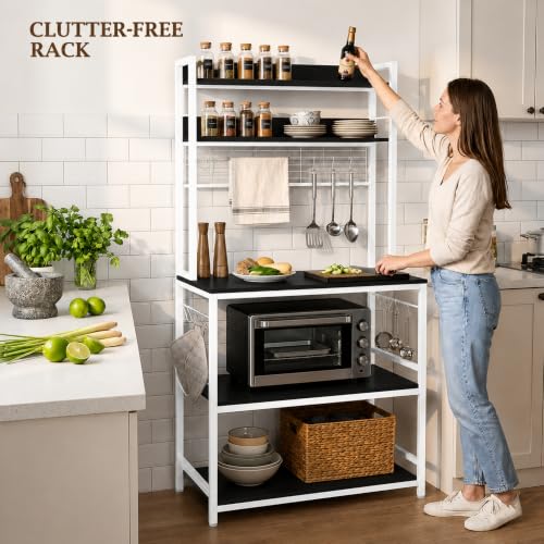 Image of 5-Tier Kitchen Organizer Rack-Multipurpose Microwave Stand for Kitchen Platform & OTG Oven-Steel Utensils Storage Shelf with Hooks - Engineered Wood & Metal Rack for Home- 80x40x170 cm -White /Black