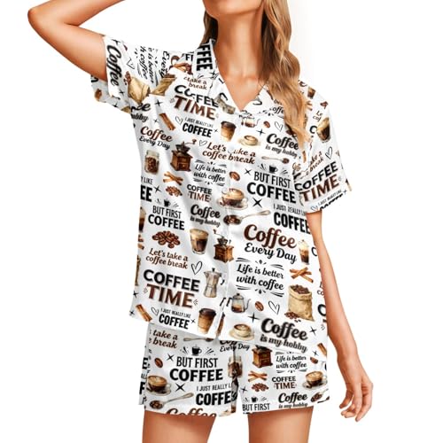 Image of Funny Pajamas for Women Set Print Satin Loungewear Pjs Short Sleeve Button Down Top and Shorts Sets Sleepwear XS-3XL