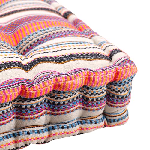 Image of Woven Quilted Floor Cushion Set 40x40x8 CM Multi Color Stripe with Fillers & Back Cushion, Large Size for Seating, Patio Seat, Meditation, Yoga, Pooja, Guests, Living 16x16x4 Inch