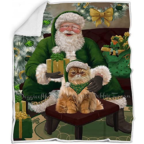 Doggie of the Day Persian Cat Blanket - Christmas Irish Santa with Gift - Super Soft & Warm Pet Theme for Sofa or Bed, Warm Fleece, Sherpa or Woven Material BLNKT141453 (50x60 Sherpa)