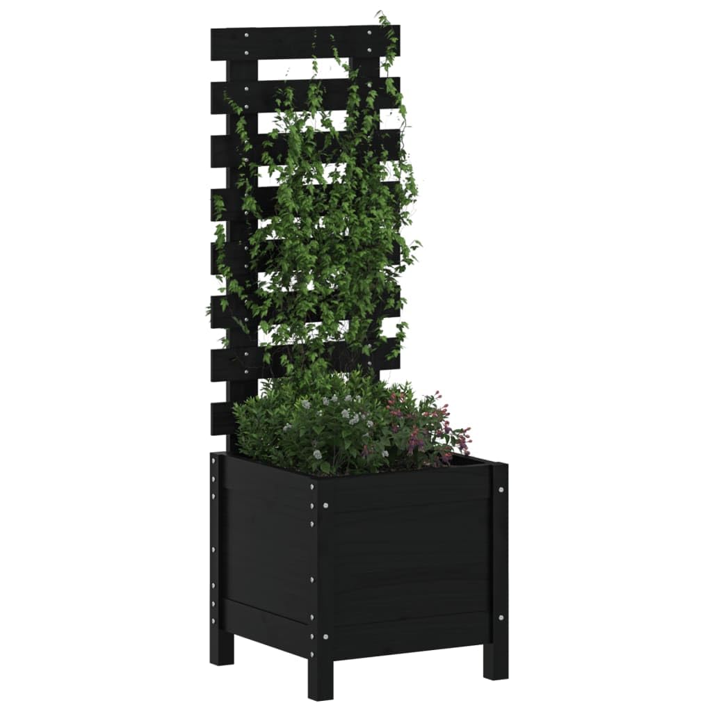 Macetero con soporte de madera maciza de pino 39 x 39,5 x 114 cm en negro, jardinera para flores y plantas trepadoras como tomates, guisantes y rosas, material natural resistente