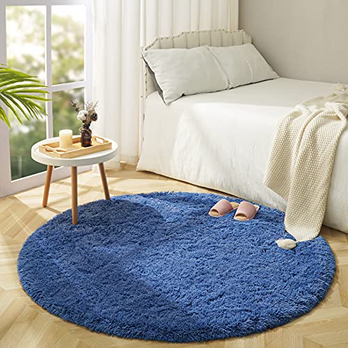 Iseau Fluffy Round Rug Carpets, Modern Shaggy Circle Rug For Kids Bedroom Extra Comfy Cute Nursery Rug Small Circular Carpet For Boys Girls Room Home Decor Area Rug, 4Ft Rugs, Light Navy #TOP6