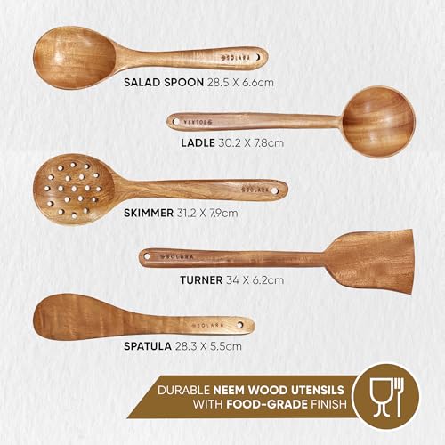 Image of SOLARA Neem Wooden Spatula Set of 5, Spatula Kitchen Tools, WoodenLadle, Spatula Set for Non-Stick Pan, Naturally Antibacterial, Eco-Friendly & Non-Toxic, Ideal for Non-Stick Cookware
